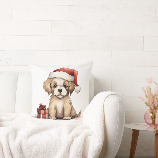 Cute Puppy Dog Wearing a Santa Hat Christmas Throw Pillow (Couch)