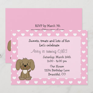 Cute Puppy Dog, White Hearts on Pink 1st Birthday Invitation