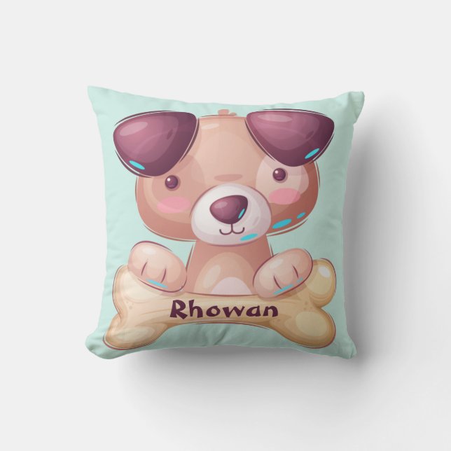Cute Puppy Dog With A Bone Personalized Throw Pill Throw Pillow (Front)