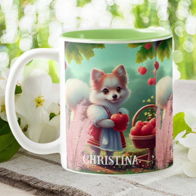 Cute Puppy Dog with Apples Personalized Name Two-Tone Coffee Mug (Creator Uploaded)