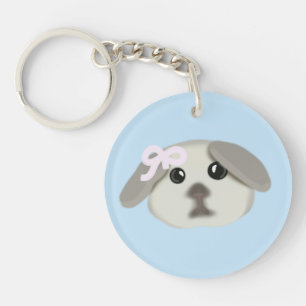 Cute Puppy Dog with Pink Ribbon Keychain