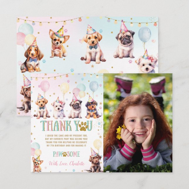Cute Puppy Dogs Balloons Birthday Party Photograph Thank You Card (Front/Back)