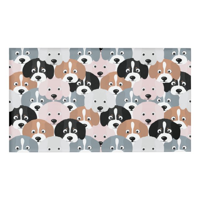Cute Puppy Dogs Pink Black Illustration Name Tag (Front)