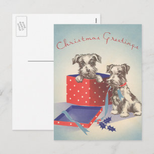 Cute Puppy Dogs, Vintage Christmas Greetings Holiday Postcard