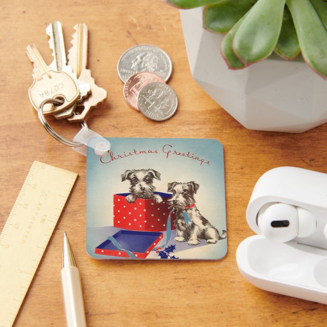 Cute Puppy Dogs, Vintage Christmas Greetings Keychain (Desk)