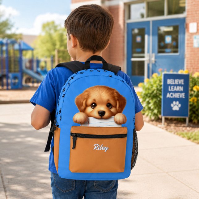 Cute Puppy Eating Homework Blue and Brown Printed Backpack (Custom kids backpack with funny puppy eating homework design in blue for school, daycare, or travel)