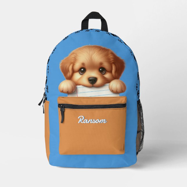 Cute Puppy Eating Homework Blue and Brown Printed Backpack (Front)