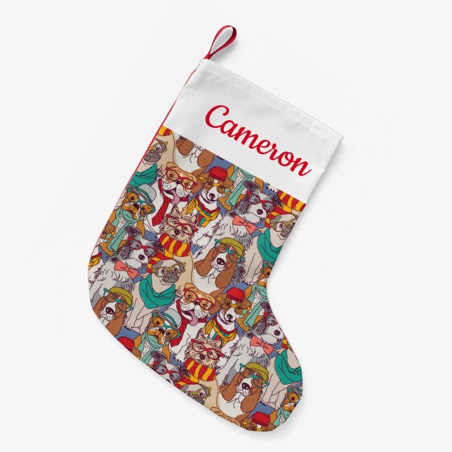Cute Puppy Fashion Pattern | Add Your Name Small Christmas Stocking (Front (Hanging))