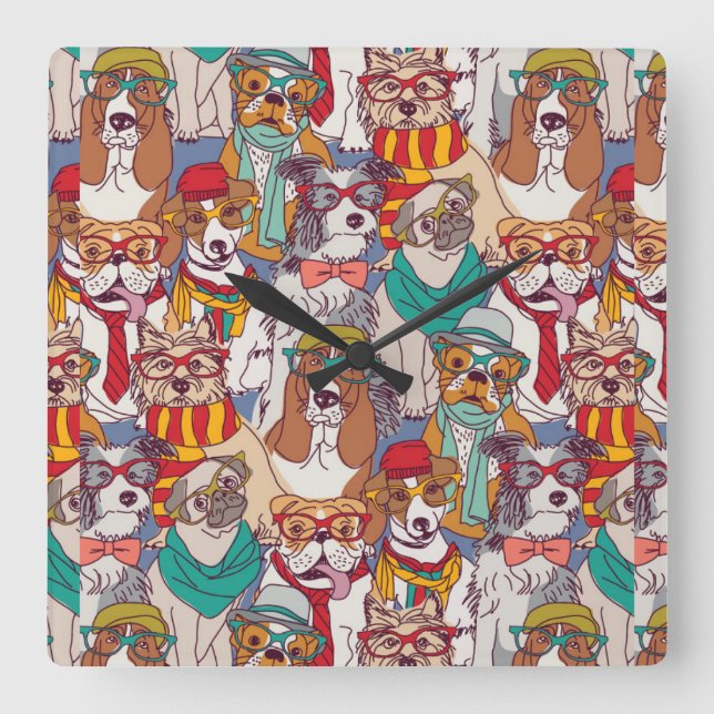 Cute Puppy Fashion Pattern Square Wall Clock (Front)