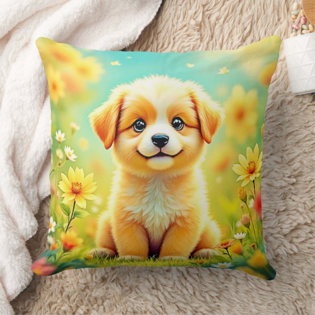 Cute Puppy Flower Art Throw Pillow (Blanket)