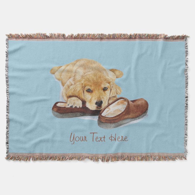 cute puppy golden retriever cuddling slippers throw blanket (Front)