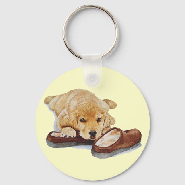 cute puppy golden retriever dog cuddling slippers keychain (Front)