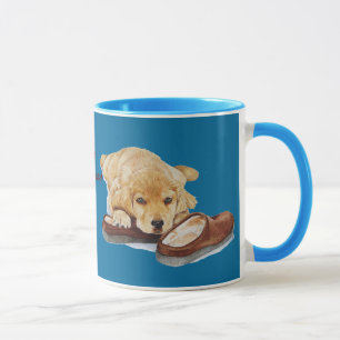 cute puppy golden retriever dog cuddling slippers mug