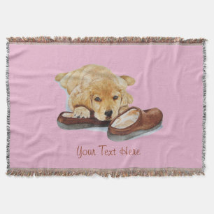 cute puppy golden retriever dog cuddling slippers throw blanket
