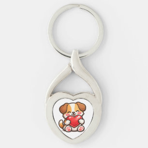 Cute Puppy Heart Mug – Kawaii Dog Hugging Red Hear Keychain