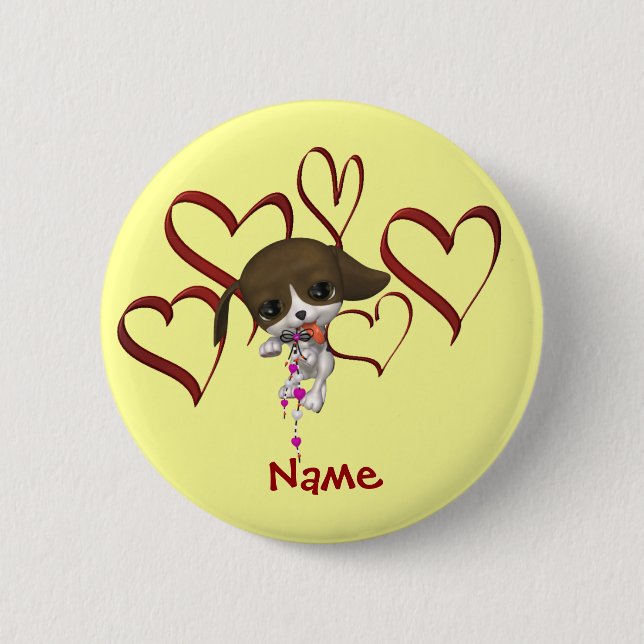 Cute Puppy Hearts Monogram Name Personalized 2 Inch Round Button (Front)