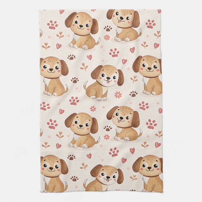 Cute Puppy Hearts Watercolor Pattern (1) Kitchen Towel (Vertical)