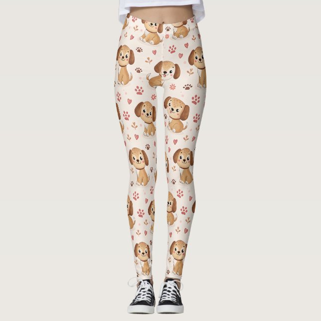 Cute Puppy Hearts Watercolor Pattern (1) Leggings (Front)