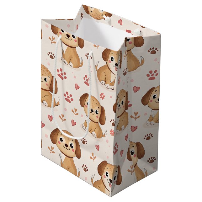 Cute Puppy Hearts Watercolor Pattern (1) Medium Gift Bag (Front Angled)