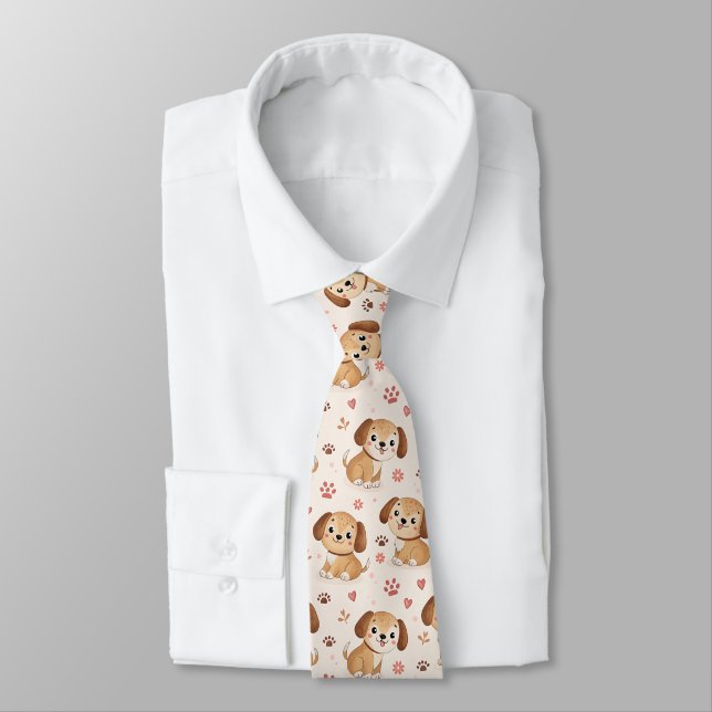 Cute Puppy Hearts Watercolor Pattern (1) Tie (Tied)