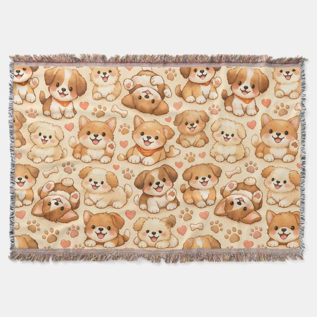 Cute Puppy Hearts Watercolor Pattern (2) Throw Blanket (Front)