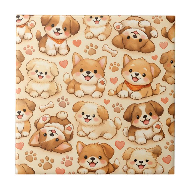 Cute Puppy Hearts Watercolor Pattern (2) Tile (Front)