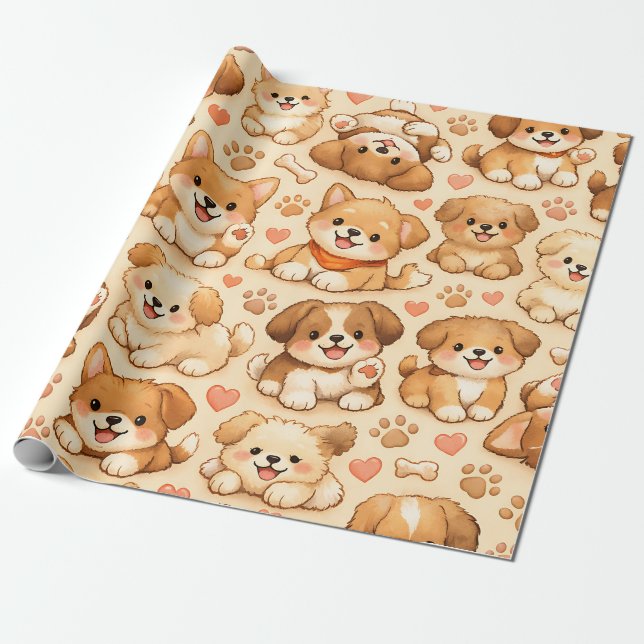 Cute Puppy Hearts Watercolor Pattern (2) Wrapping Paper (Unrolled)