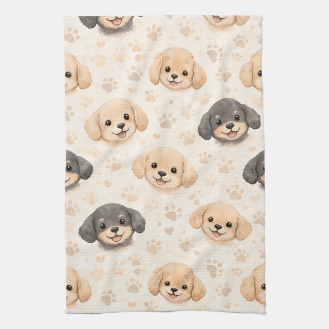 Cute Puppy Hearts Watercolor Pattern (3) Kitchen Towel (Vertical)
