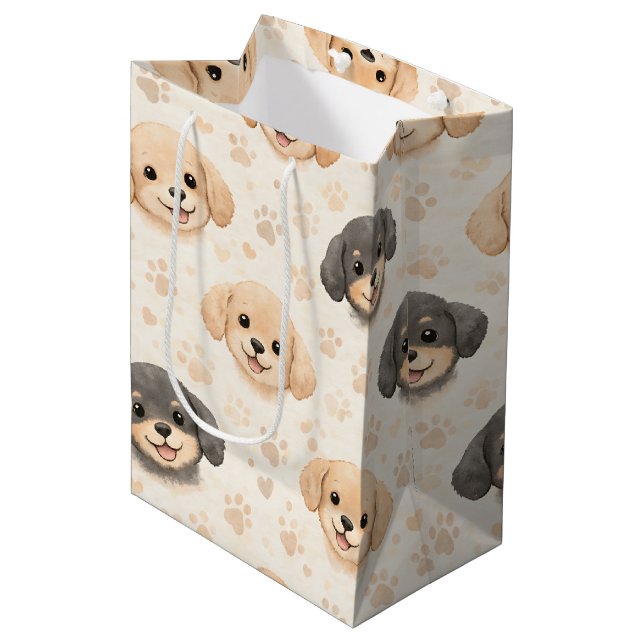Cute Puppy Hearts Watercolor Pattern (3) Medium Gift Bag (Front Angled)