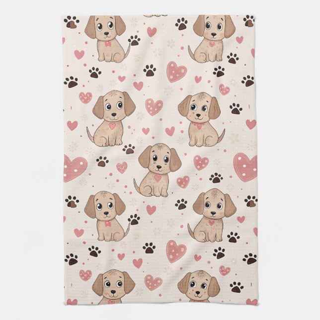Cute Puppy Hearts Watercolor Pattern (4) Kitchen Towel (Vertical)