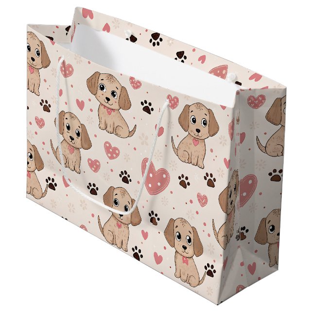 Cute Puppy Hearts Watercolor Pattern (4) Large Gift Bag (Front Angled)