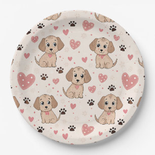 Cute Puppy Hearts Watercolor Pattern (4) Paper Plate