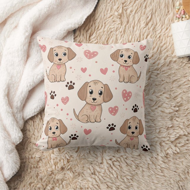 Cute Puppy Hearts Watercolor Pattern (4) Throw Pillow (Blanket)