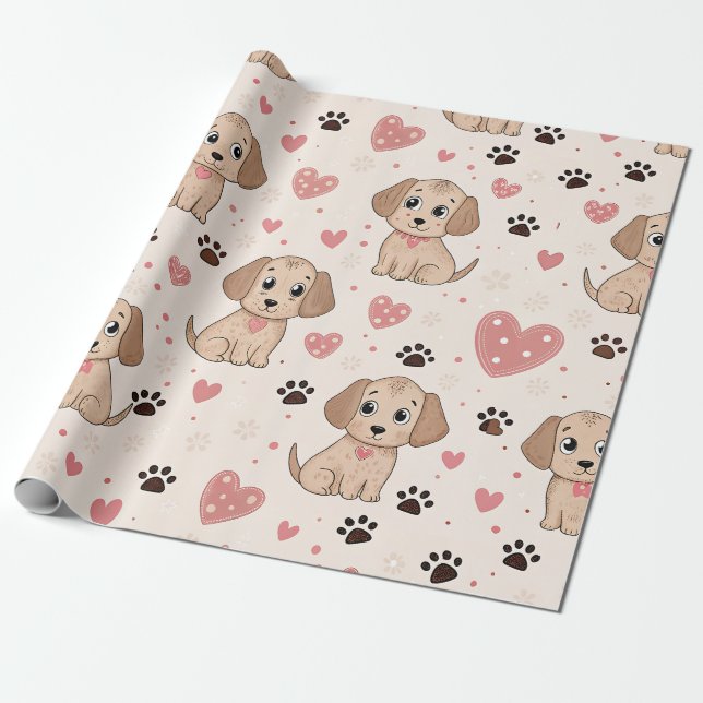 Cute Puppy Hearts Watercolor Pattern (4) Wrapping Paper (Unrolled)