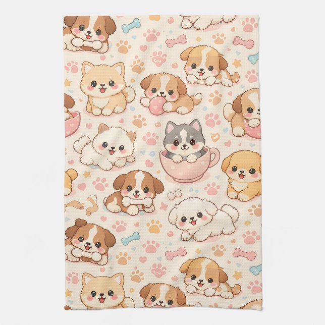 Cute Puppy Hearts Watercolor Pattern (5) Kitchen Towel (Vertical)