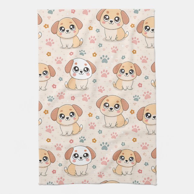 Cute Puppy Hearts Watercolor Pattern (6) Kitchen Towel (Vertical)