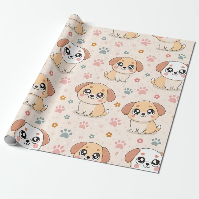 Cute Puppy Hearts Watercolor Pattern (6) Wrapping Paper (Unrolled)