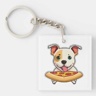 Cute Puppy Holding a Slice of Pizza Keychain