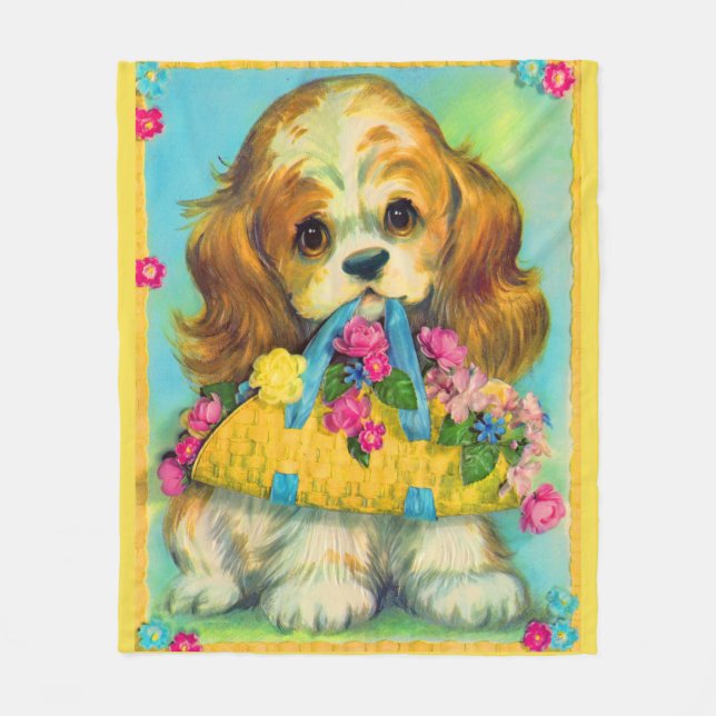 cute puppy holding flower basket fleece blanket (Front)