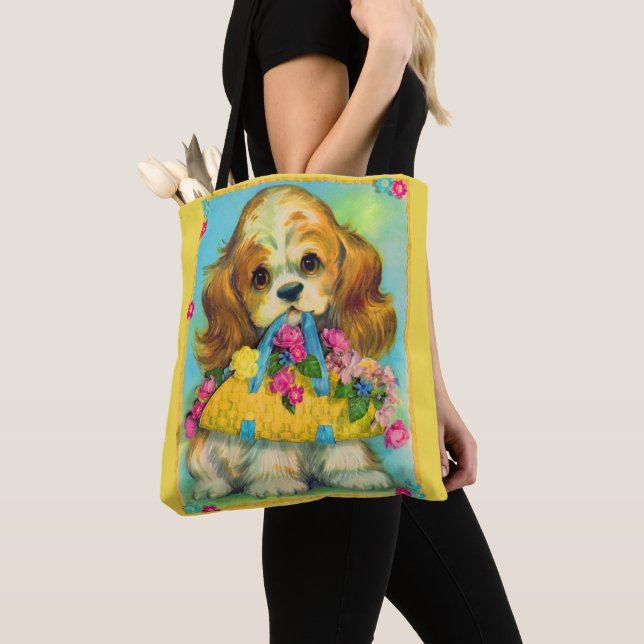 cute puppy holding flower basket tote bag (Close Up)