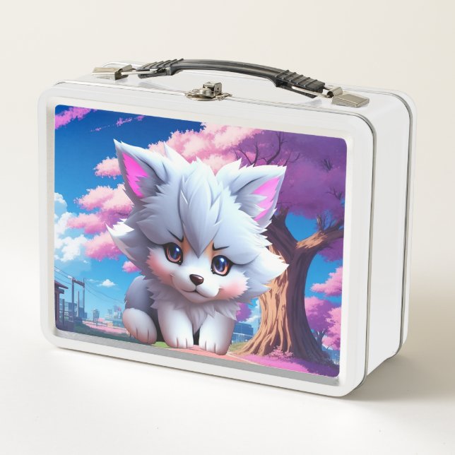 Cute puppy image in anime style metal lunch box (Front)