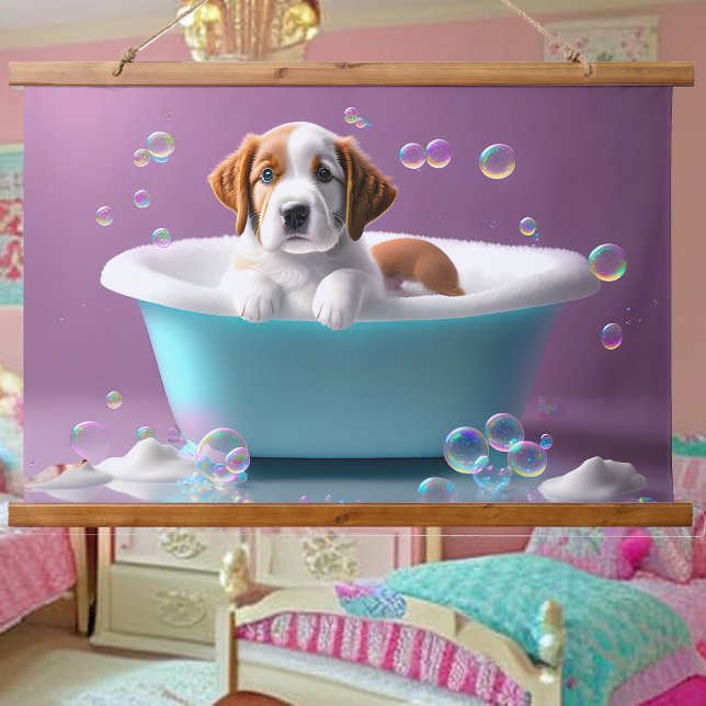 Cute puppy in a bathtub with soap bubbles hanging tapestry (Creator Uploaded)