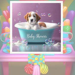 Cute puppy in a bathtub with soap bubbles napkin