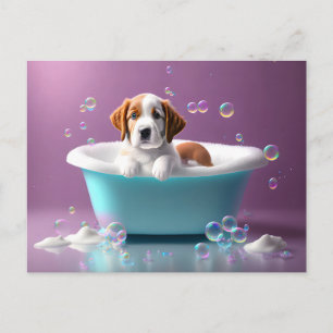Cute puppy in a bathtub with soap bubbles postcard