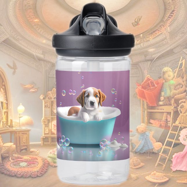 Cute puppy in a bathtub with soap bubbles water bottle (Creator Uploaded)