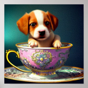 Cute Puppy in a Teacup Poster
