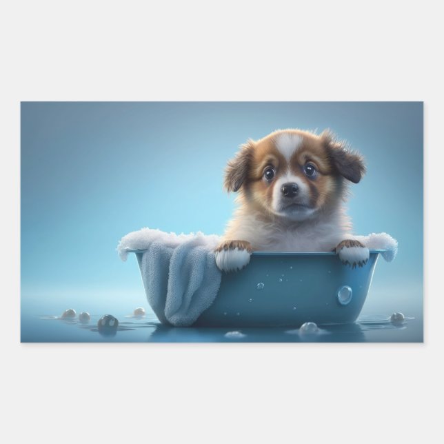 Cute Puppy in Blue Bath Tub Sticker (Front)