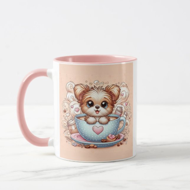 Cute Puppy in Coffee Cup with Hearts (Left)