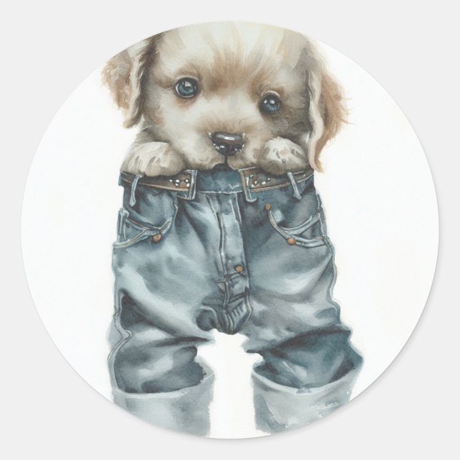Cute Puppy in Jeans Art Classic Round Sticker (Front)