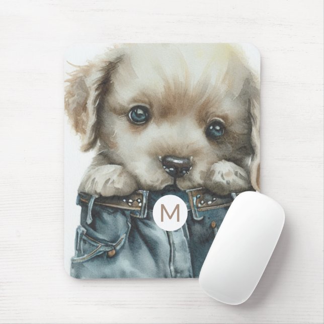 Cute Puppy in Jeans Art Monogram Mousepad (With Mouse)
